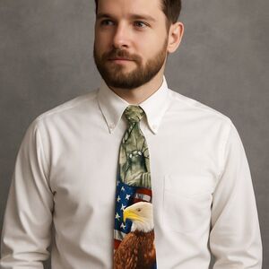 Vintage 90s Eagles Wings Patriotic Silk Tie Bald Eagle, Statue of Liberty, Flag